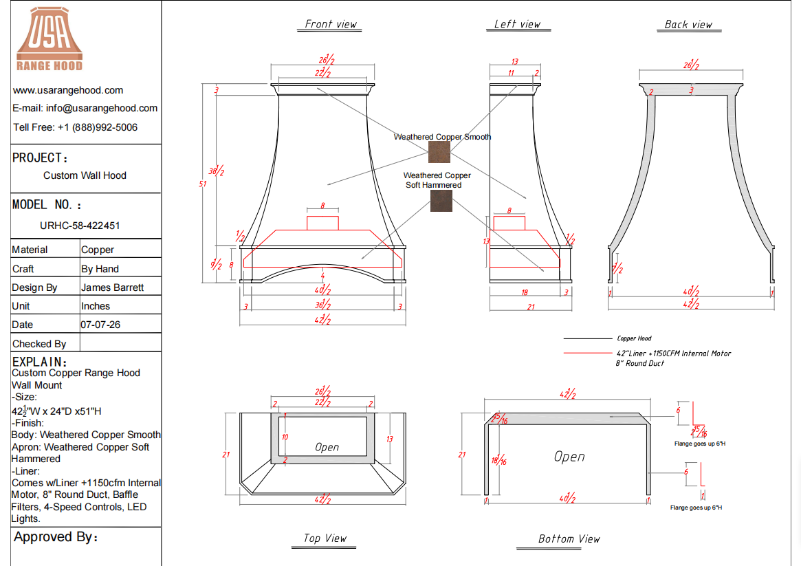 USA Custom Range Hood-URHC-58-Custom Link for Morgan