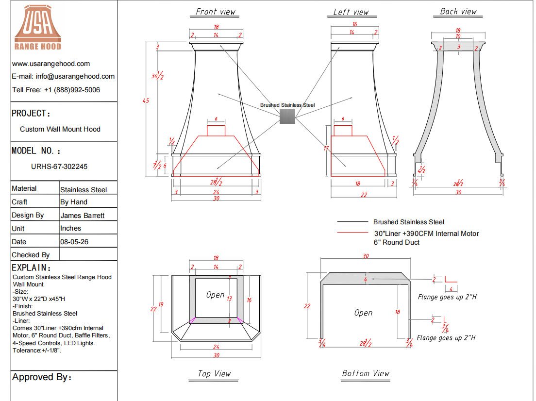 USA Range Hood-URHS-67-Custom Link for Zach