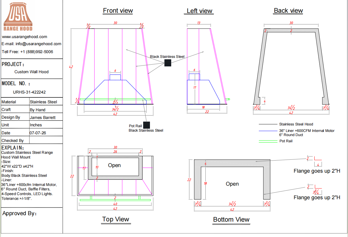 USA Custom Range Hood URHS-31-Custom Link for Molly