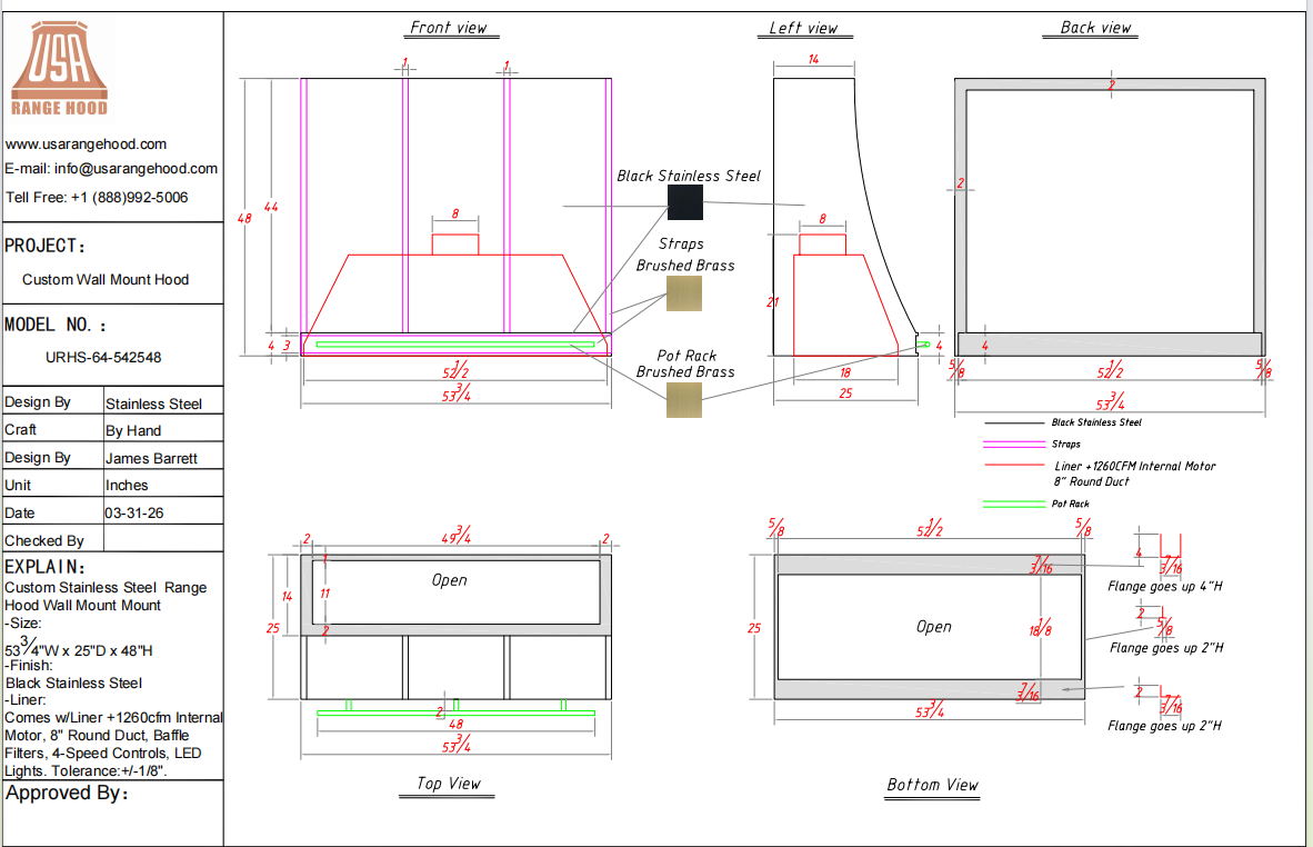 USA Custom Range Hood-URHS-64 Custom Link for Prakash