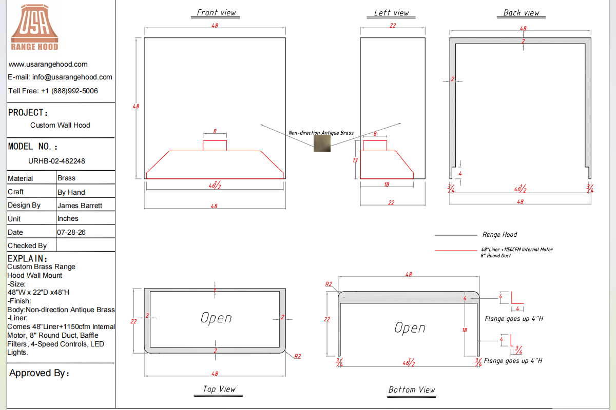 USA Custom Range Hood-URHB-02-Custom Link for Desiree