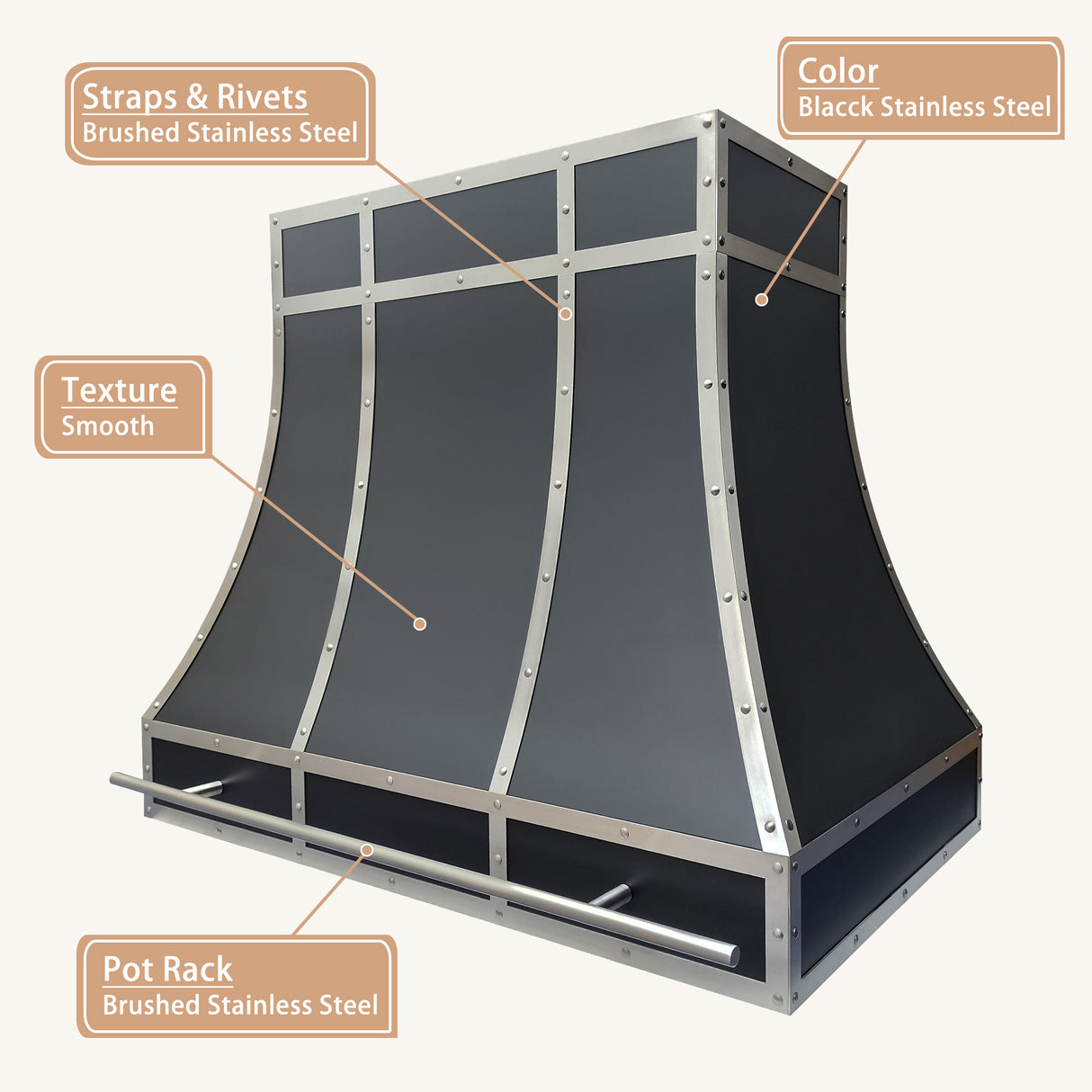 USA Black Stainless Steel Vent Hood Featuring Custom Straps URHS-153