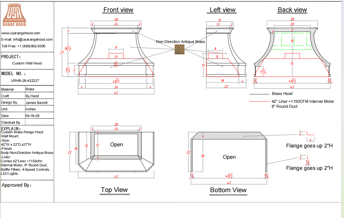 USA Custom Range Hood-URHB-28-Custom Link for Amanda