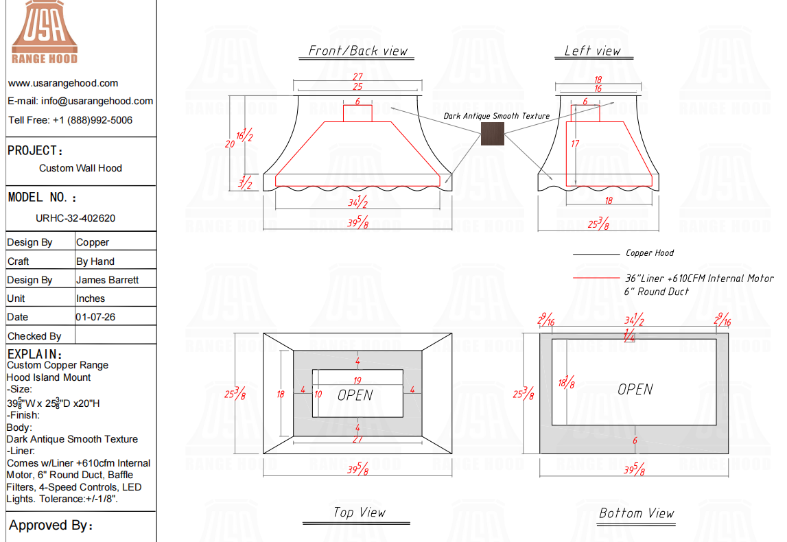 URH Custom Kitchen Range Hood- URHC-32 Custom Link for Michael