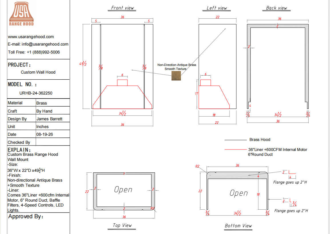 USA Custom Kitchen Hood-URHB-24-Custom Link for Nora
