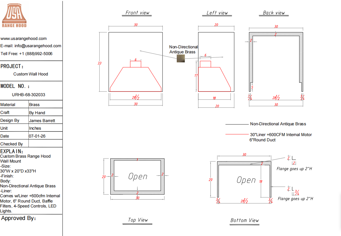 USA Custom Kitchen Hood-URHB-68-Custom Link for Tiffany