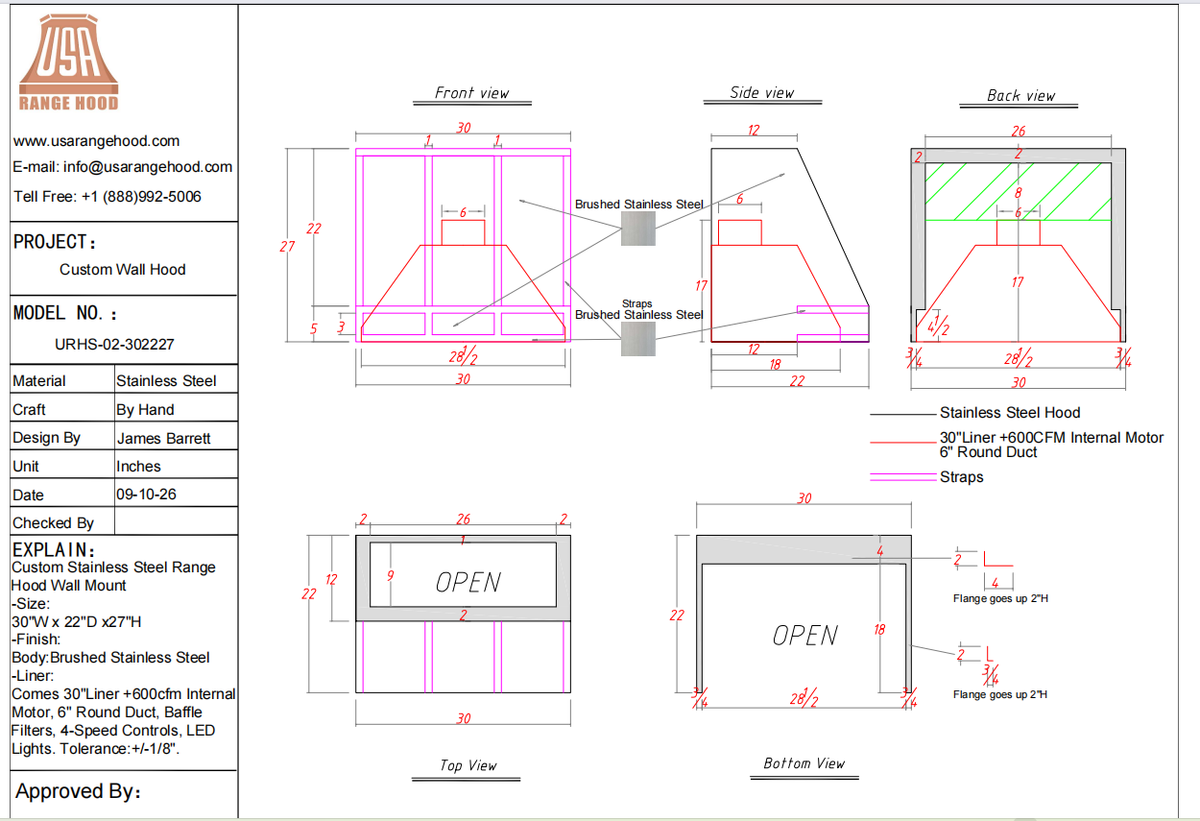 USA Custom Range Hood-URHS-02-Custom Link for Madeline