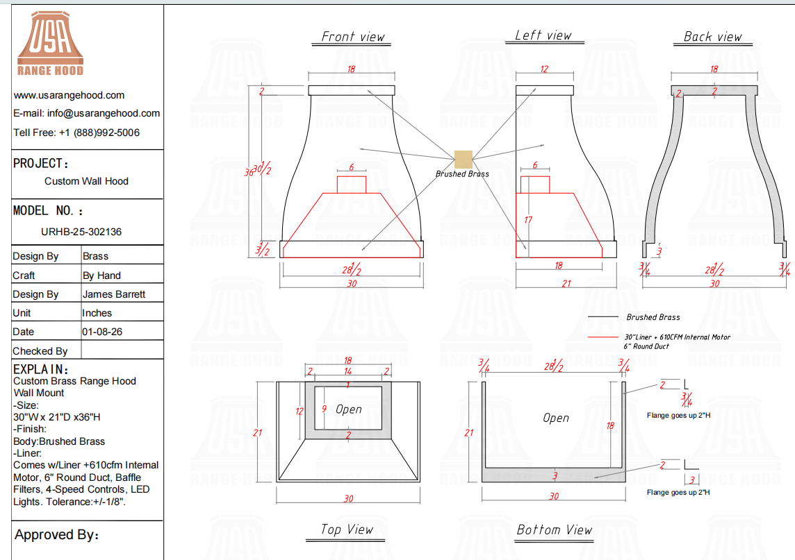 URH Custom Range Hood-URHB-25 Custom Link for Hannah