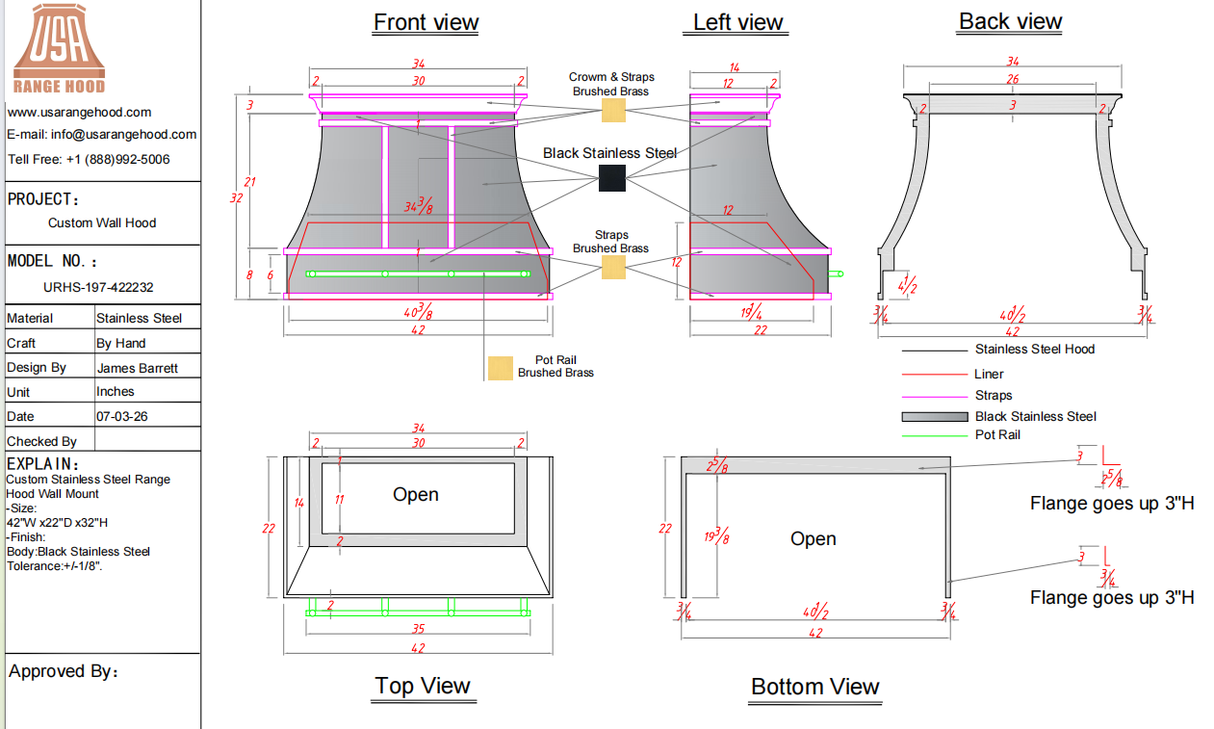 USA Custom Kitchen Hood URHS-197-Custom Link for Sheldon