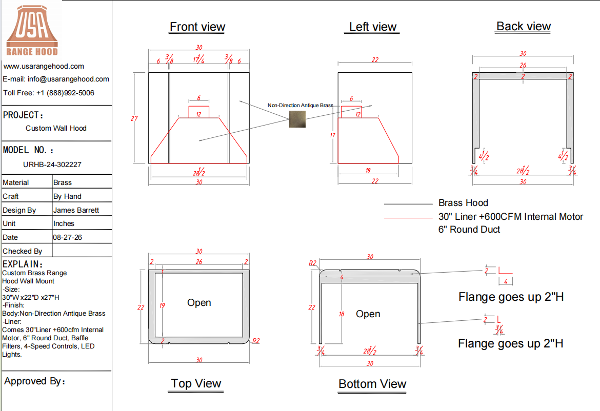 USA Custom Range Hood-URHB-24-Custom Link for Lisa