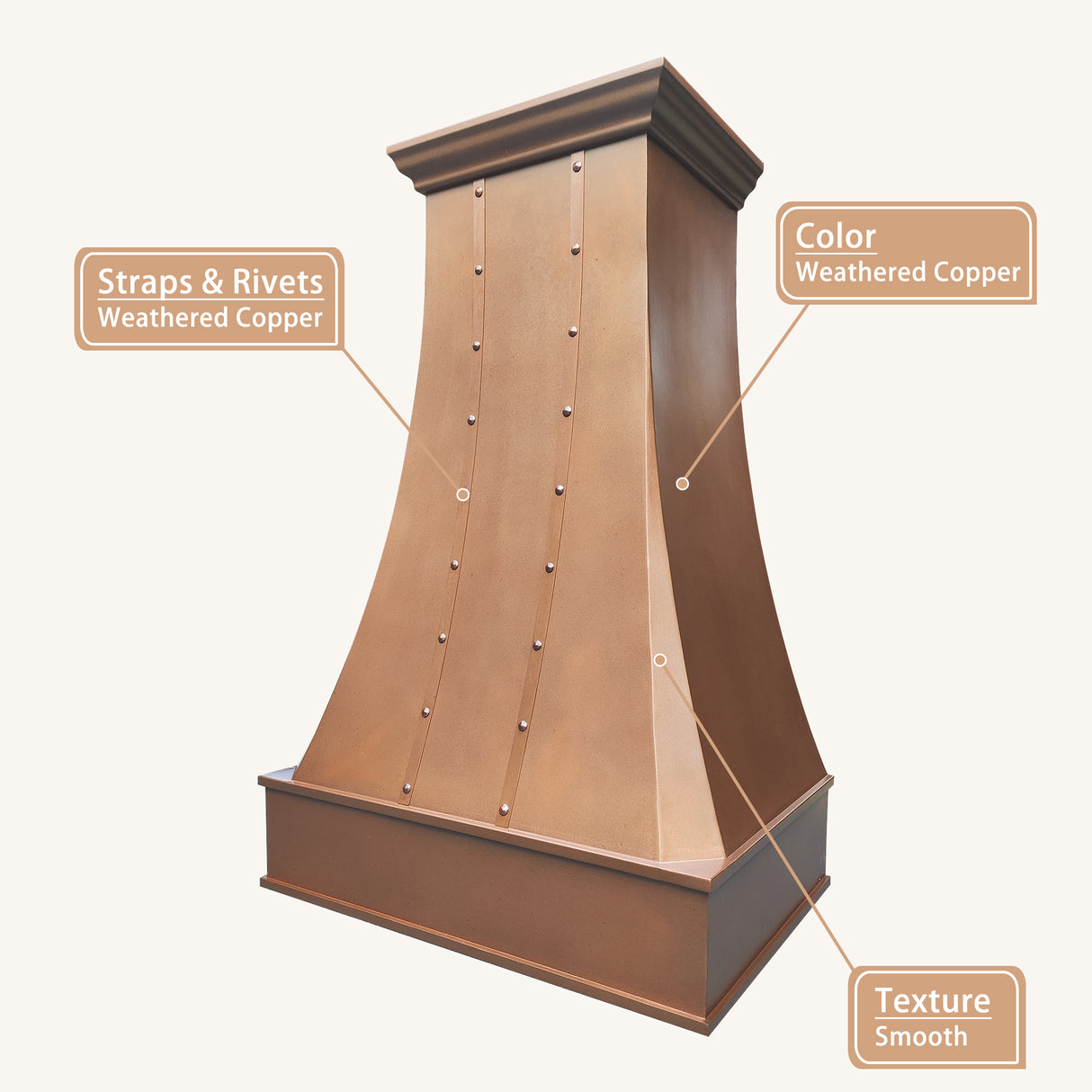 USA Classic Copper Stove Hood Featuring Weathered Copper Straps URHC-77