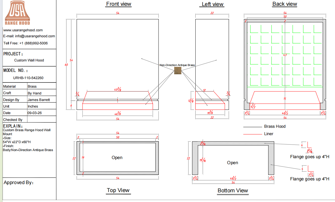 USA Custom Range Hood-URHB-110-Custom Link for Ellis Pitts