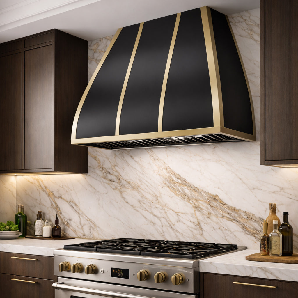 USA Black Stainless Steel Kitchen Hood Featuring Brass Straps URHS-162
