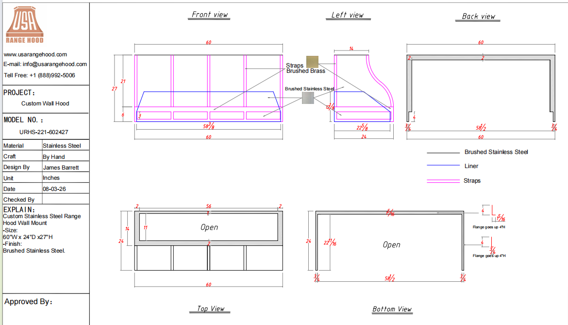 USA Custom Range Hood-URHS-221-Custom Link for Sarah