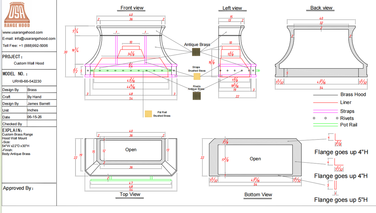 USA Custom Kitchen Hood-URHB-66-Custom Link for Marlena