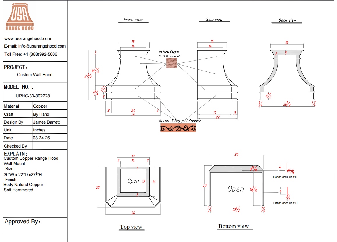 USA Custom Range Hood-URHC-33-Custom Link for Paul