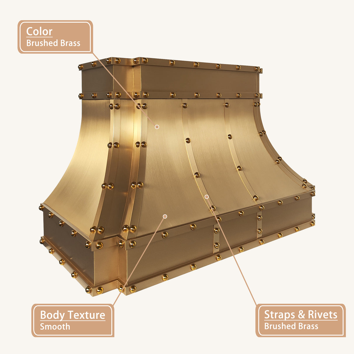 USA Custom Brass Stove Hood Featuring Artisan Round Rivets URHB-148