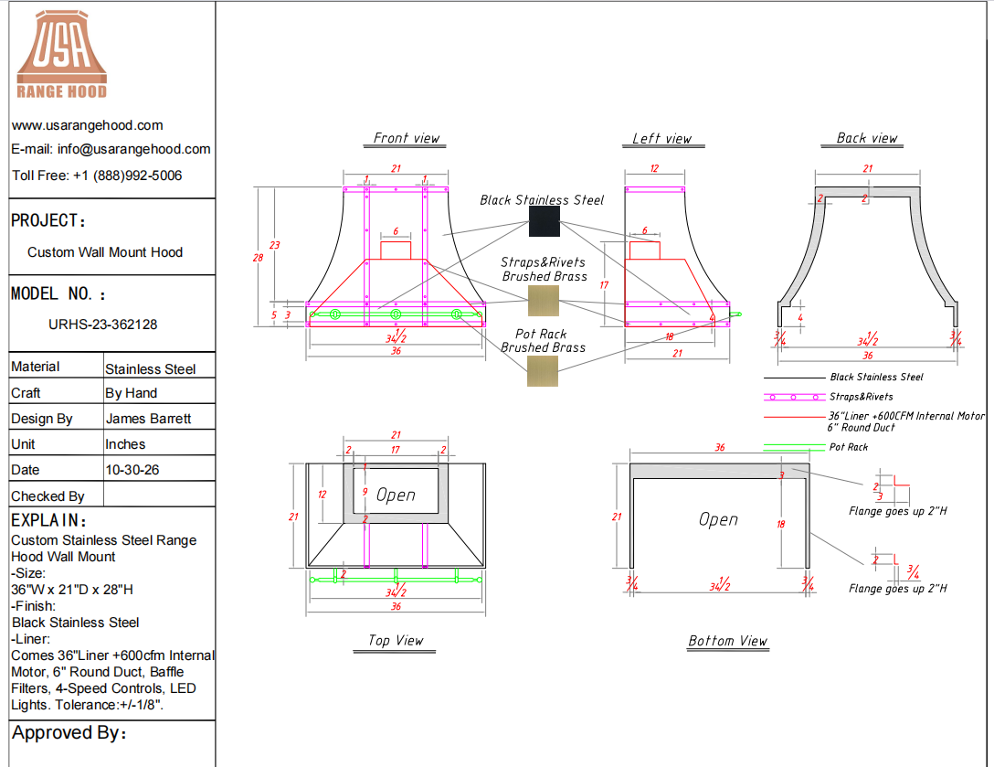 USA Custom Range Hood-Price Difference for Lina