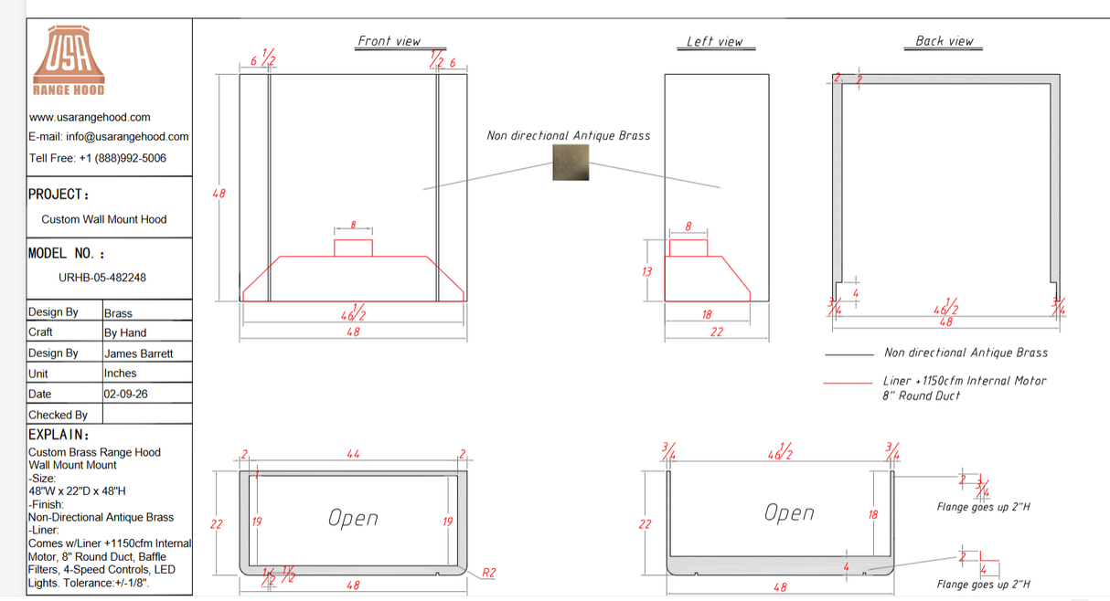 USA Custom Range Hood-URHB-24 Custom Link for Grant