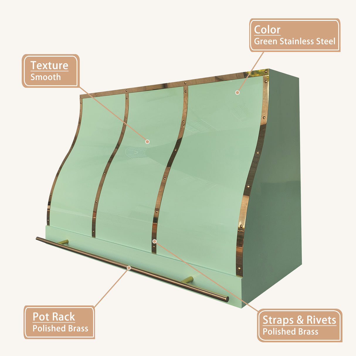 USA Stainless Steel Spring Green Range Hood with Brass Straps URHS-85