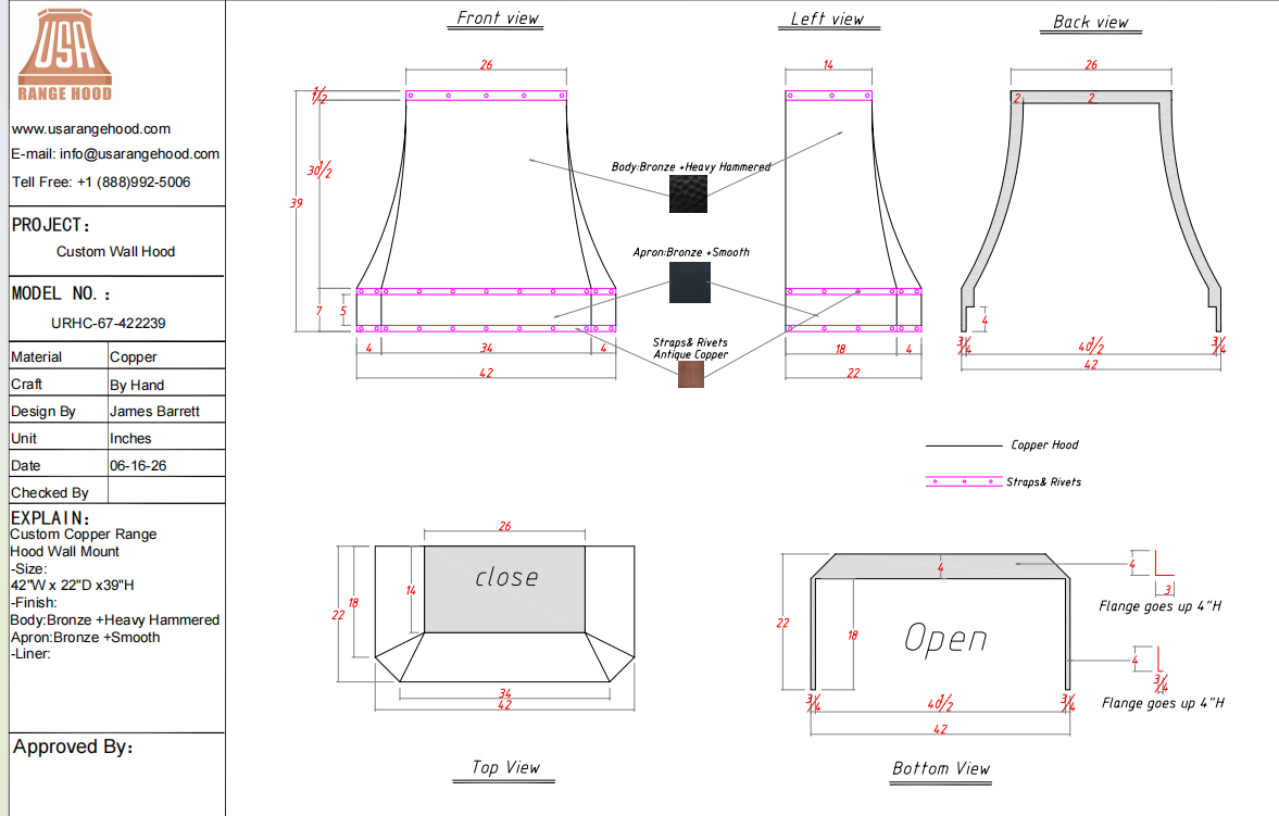 USA Custom Kitchen Hood-URHC-67-Custom Link for Pat