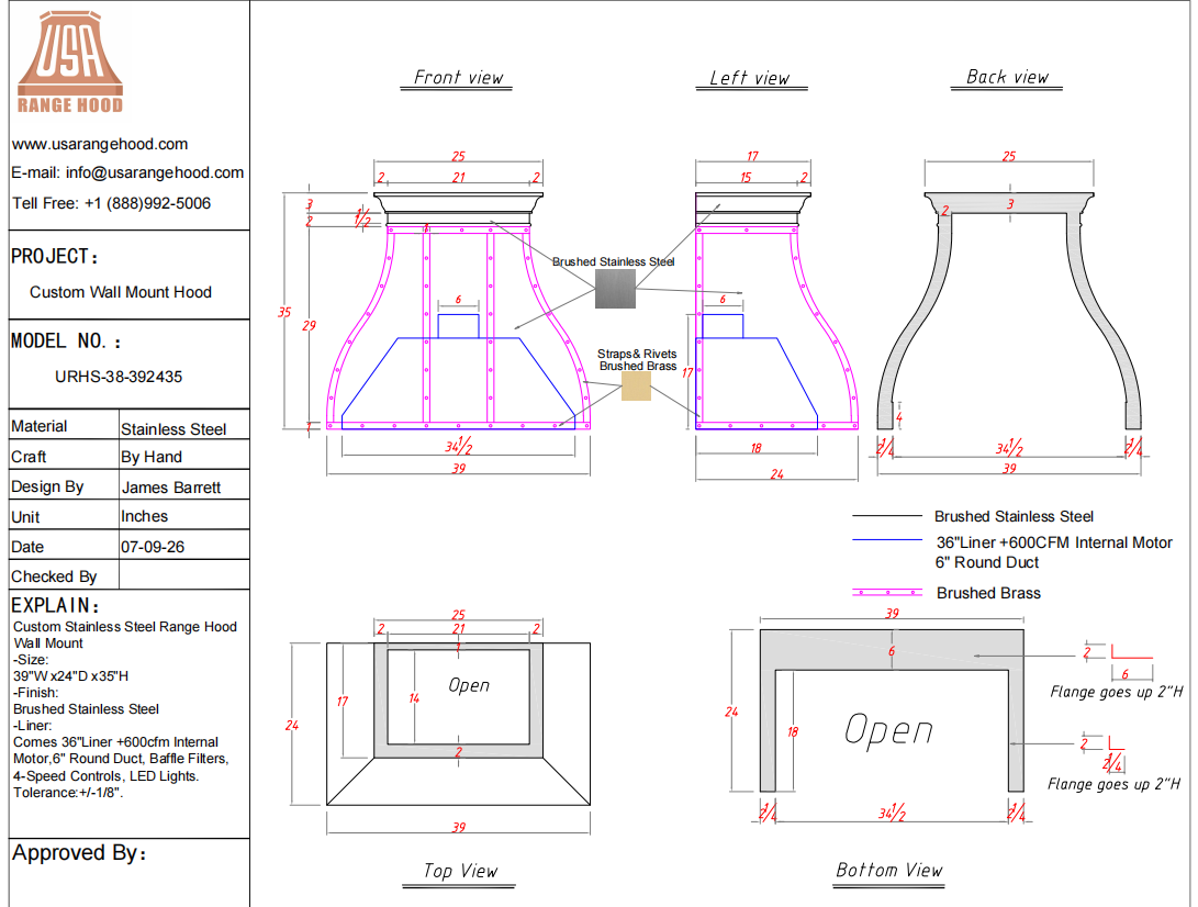 USA Custom Kitchen Hood-URHS-38- Custom Link for Erin