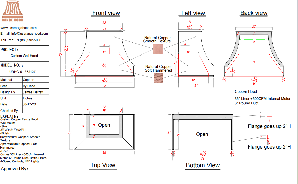 USA Custom Range Hood-URHC-51-Custom Link for Jeremy