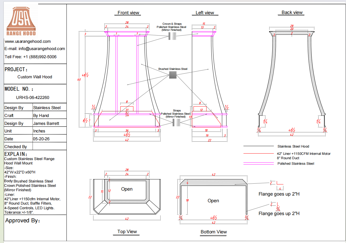 USA Custom Range Hood-URHS-06-Custom Link for Bill DeSantis
