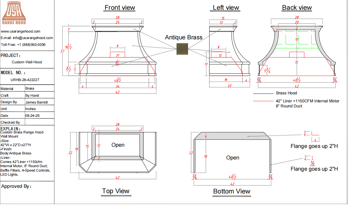 USA Custom Range Hood-URHB-28-Custom Link for Amanda