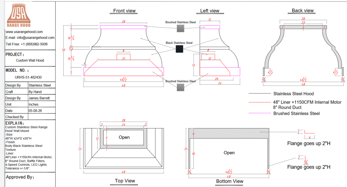 USA Custom Range Hood-URHS-51 - Custom Link for Laurence Weeks