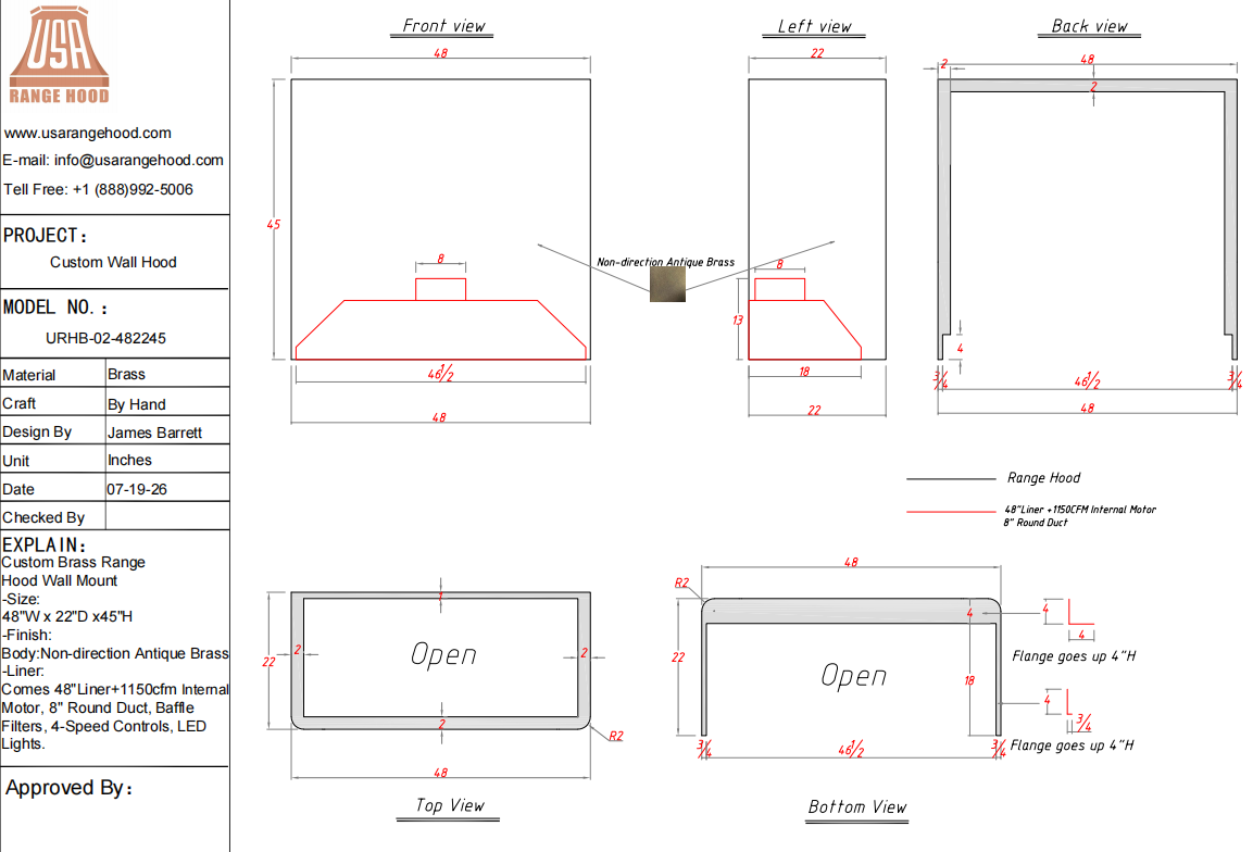 USA Custom Range Hood-URHB-02-Custom Link for Desiree