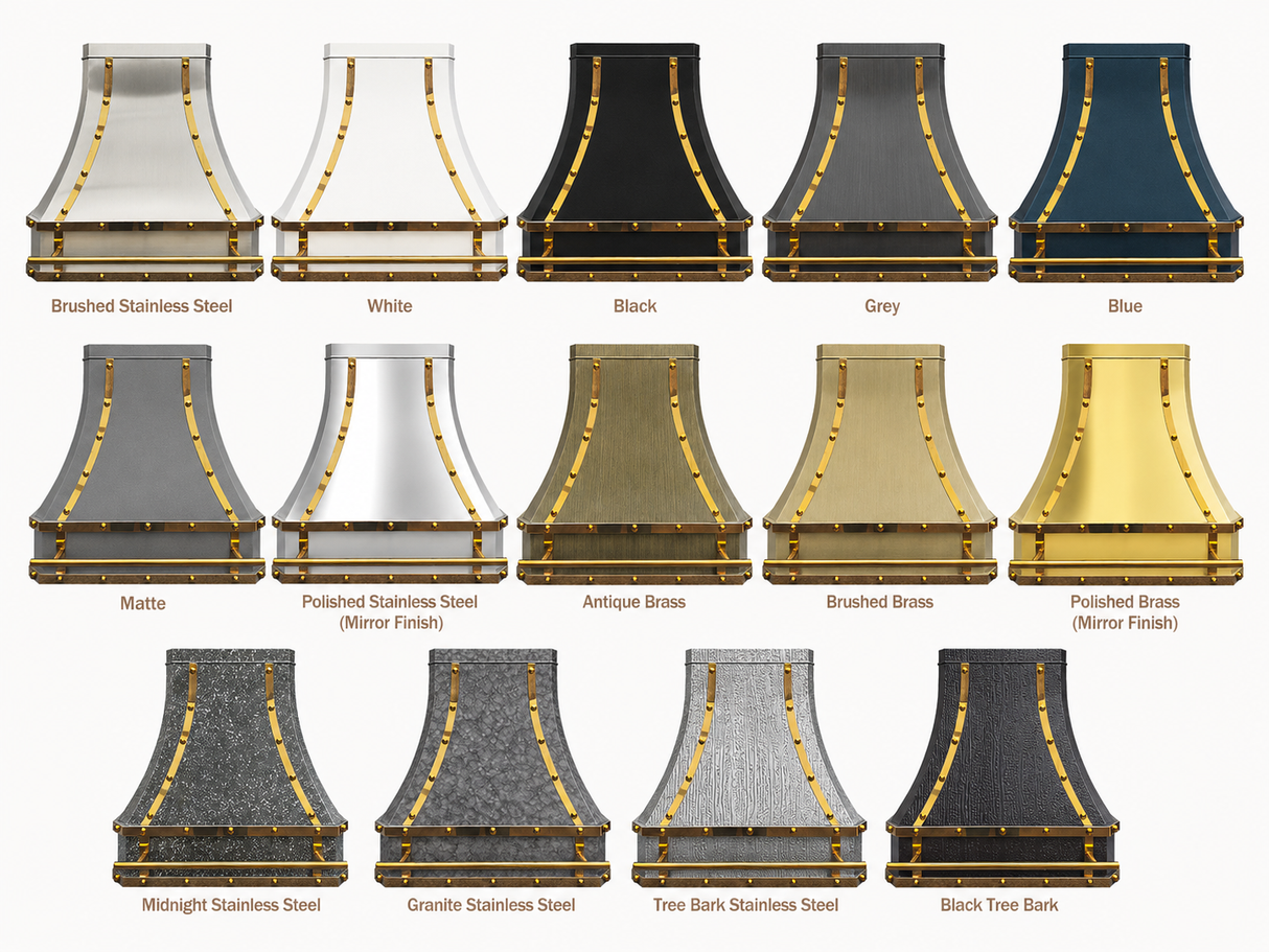 USA Luxury Stainless Steel Vent Hood Featuring Polished Brass Straps URHS-147
