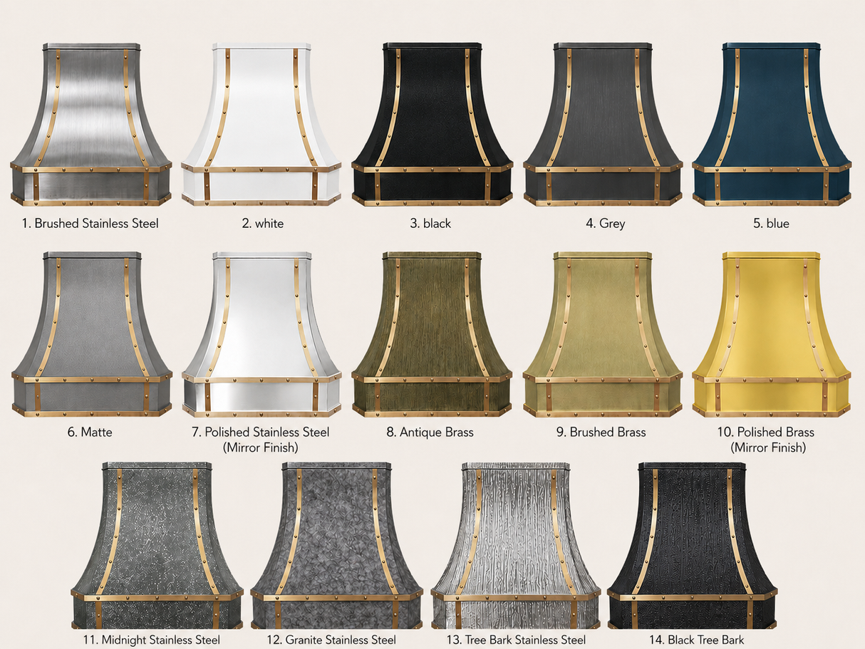 USA Classic Stainless Steel Vent Hood featuring Artisan Brass Straps URHS-199