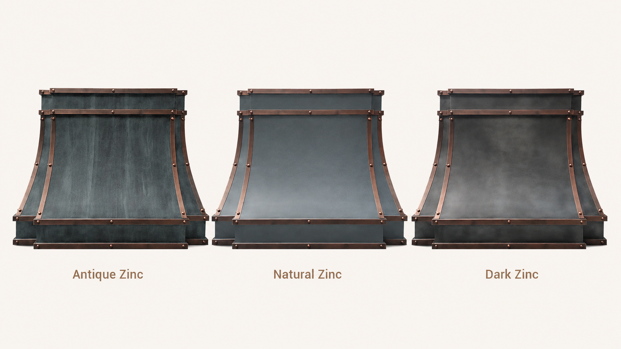 USA Designer Custom Zinc Kitchen Hood with Decorative Straps URHZ-13