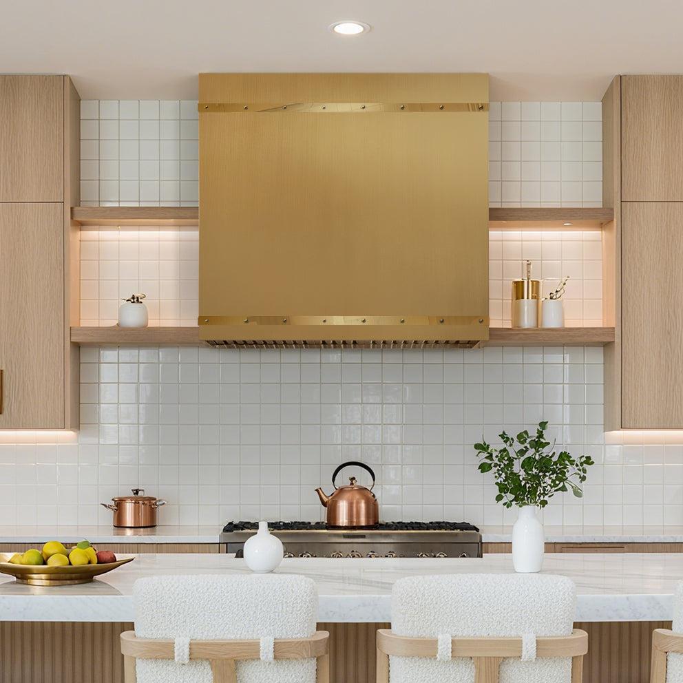 USA California Modern Brass Box Vent Hood with Straps URHB-15-Custom Brass Range Hood > Luxury Metal Hood > High-End Kitchen Vent Hood-USA Range Hood