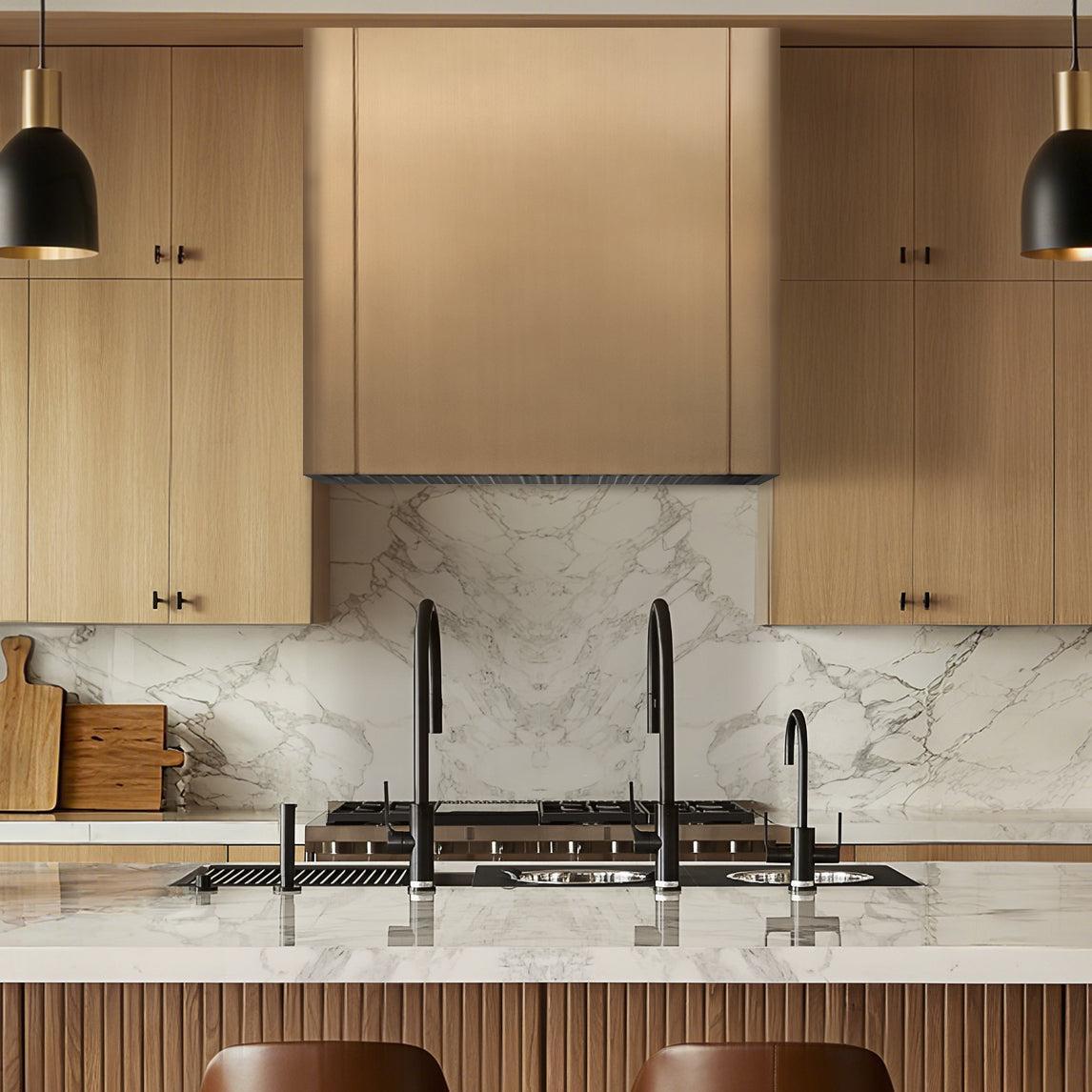 USA Custom Brushed Brass Range Hood with Box Shape URHB-30-Custom Brass Range Hood > Luxury Metal Hood > High-End Kitchen Vent Hood-USA Range Hood