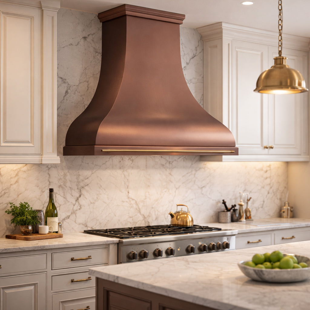 USA Custom Copper Bell Kitchen Hood with Pot Rack URHC-16-Custom Copper Range Hood > Luxury Metal Hood > High-End Kitchen Vent Hood-USA Range Hood