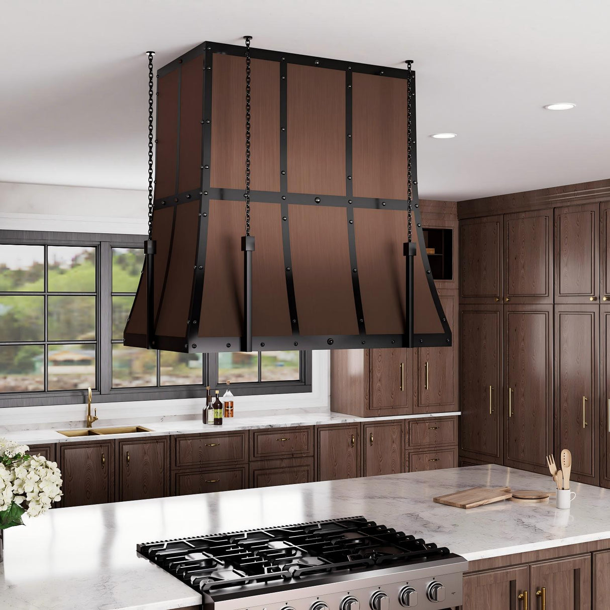 USA Custom Copper Island Kitchen Hood with Dark Chain URHC-12-Custom Copper Range Hood > Luxury Metal Hood > High-End Kitchen Vent Hood-USA Range Hood