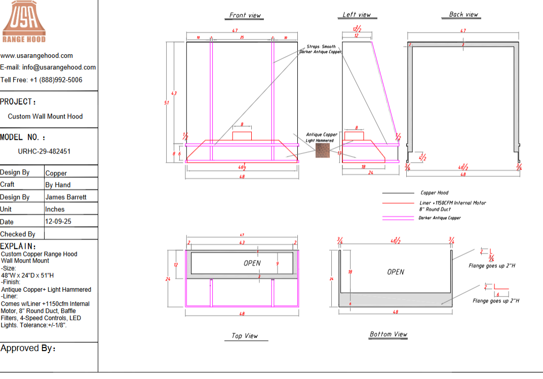 USA Custom Kitchen Range Hood- Custom Link for Bill