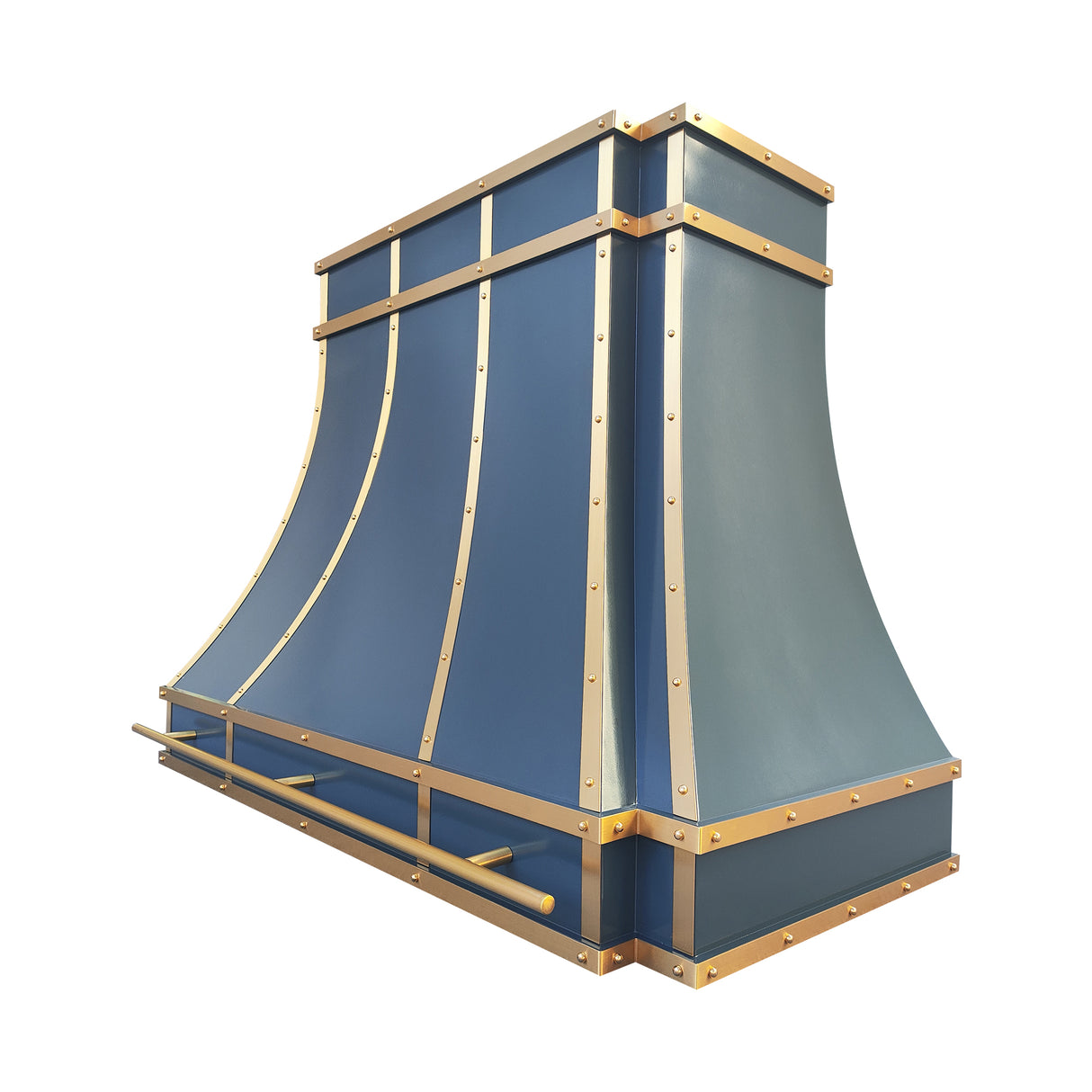USA Dark Blue Stainless Steel Range Hood with Brass Trim URHS-99-Custom Stainless Steel Range Hood > Luxury Kitchen Hood > High-End Metal Vent Hood-USA Range Hood