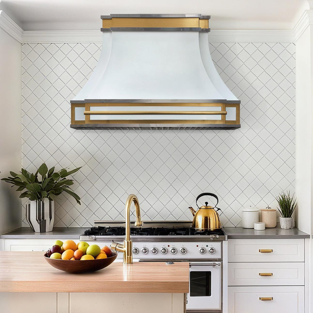USA Designer Stainless Steel White Range Hood with Brass Details URHS-56-Custom Stainless Steel Range Hood > Luxury Kitchen Hood > High-End Metal Vent Hood-USA Range Hood