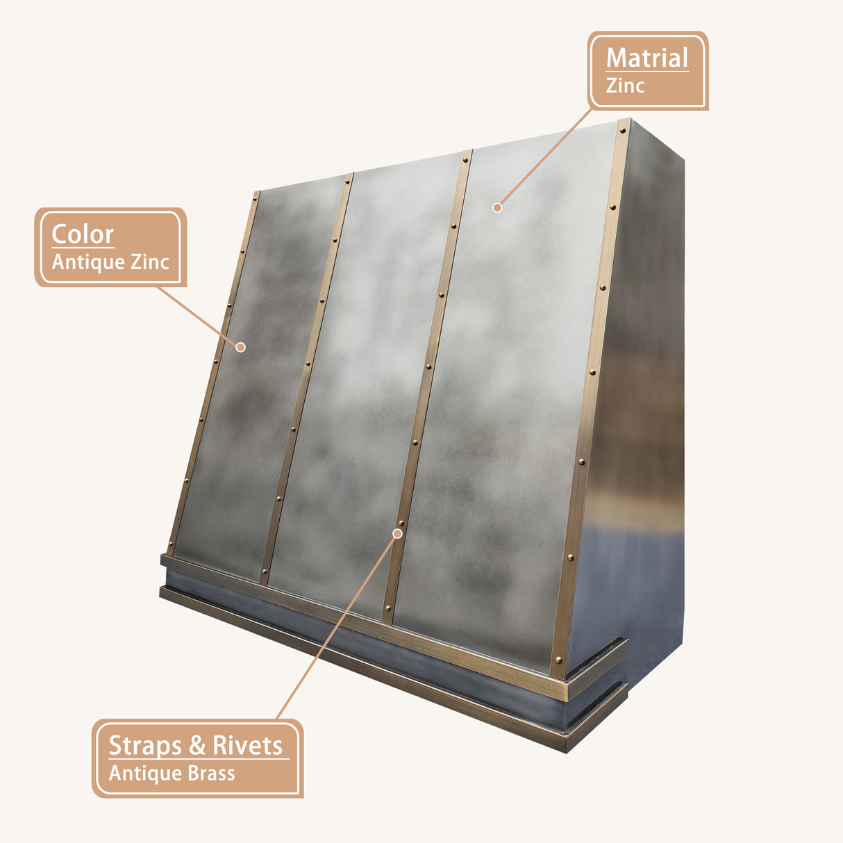 USA Modern Zinc Stove Hood with Decorative Brass Straps URHZ-10-Custom Zinc Range Hood > Luxury Metal Hood > High-End Kitchen Vent Hood-USA Range Hood