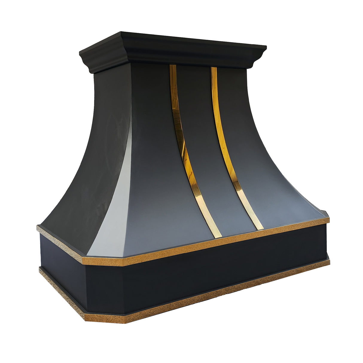 USA Premium Black Metal Range Hood with Curved Design & Brass Trim URHS-106-Custom Stainless Steel Range Hood > Luxury Kitchen Hood > High-End Metal Vent Hood-USA Range Hood