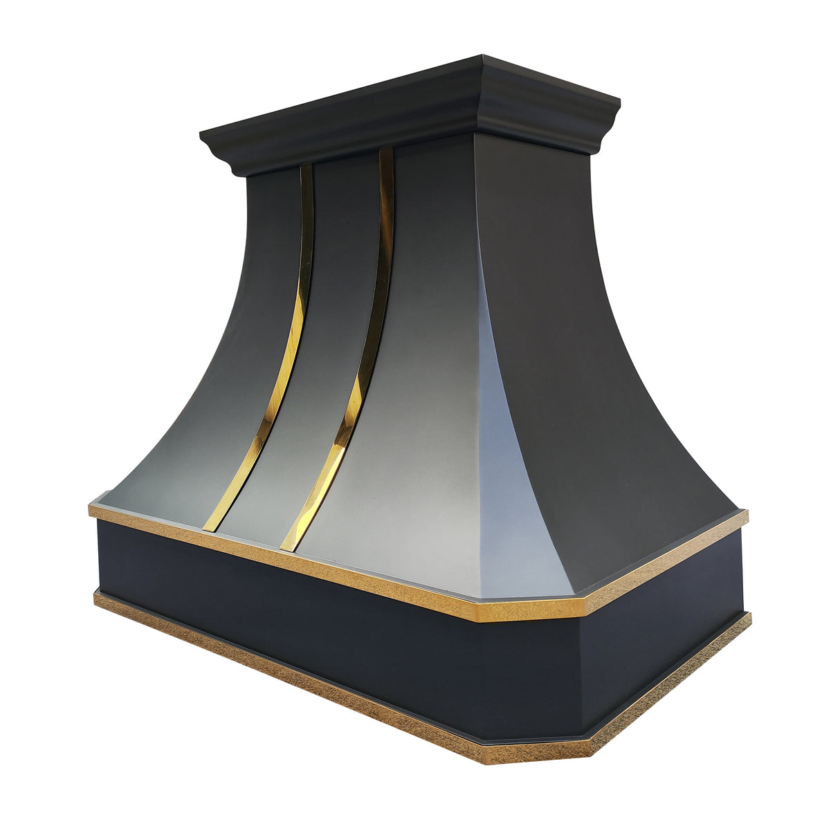 USA Premium Black Metal Range Hood with Curved Design & Brass Trim URHS-106-Custom Stainless Steel Range Hood > Luxury Kitchen Hood > High-End Metal Vent Hood-USA Range Hood