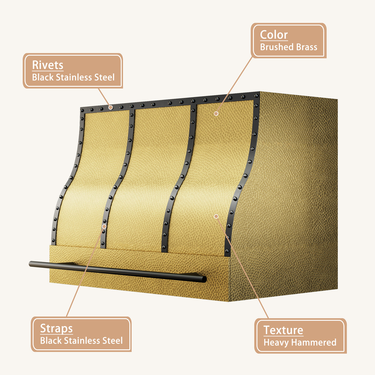 USA Texas Brass Kitchen Hoods with Black Rivets and Straps URHB-23-Custom Brass Range Hood > Luxury Metal Hood > High-End Kitchen Vent Hood-USA Range Hood