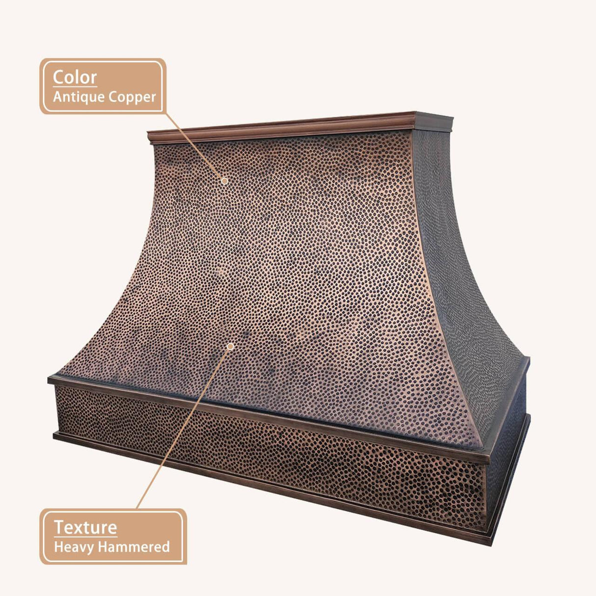 USA Texas Custom Copper Kitchen Hood with Heavy Hammered Texture URHC-37-Custom Copper Range Hood > Luxury Metal Hood > High-End Kitchen Vent Hood-USA Range Hood