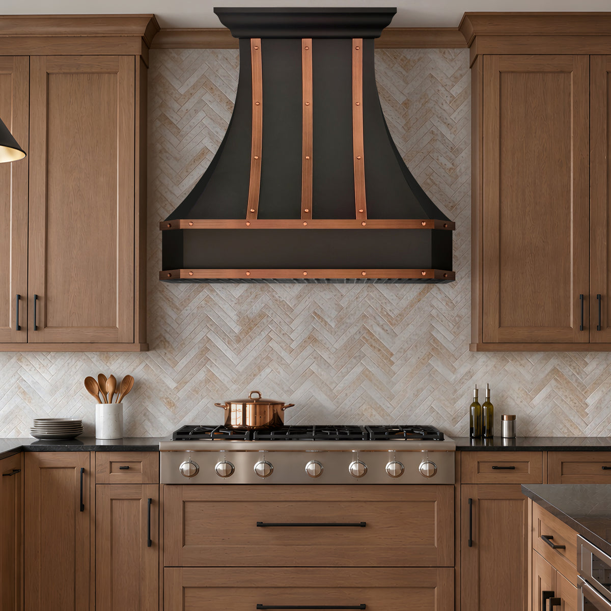 USA Artisan Black Stainless Steel Kitchen Hood with Antique Copper Straps URHS-267