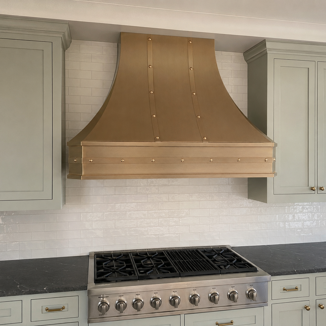 USA Artisan Brass Range Hood Featuring Handmade Straps and Rivets URHB-138