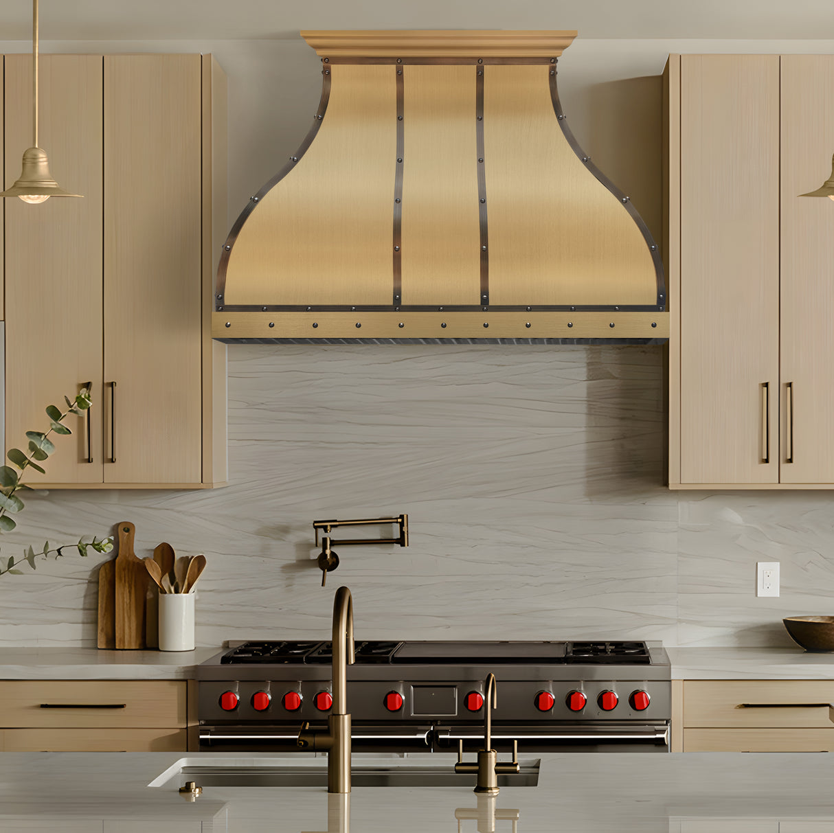 USA Artisan Brushed Brass Kitchen Hood with Designer Bell Shaped URHB-108
