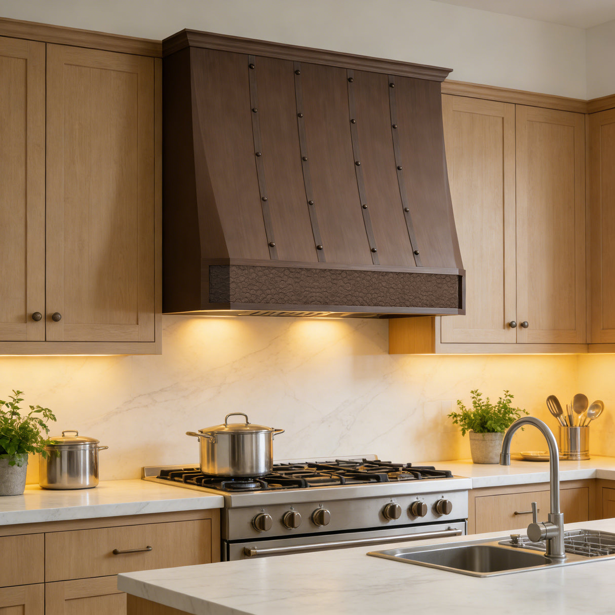 USA Artisan Copper Kitchen Hood Featuring Handmade Details URHC-73